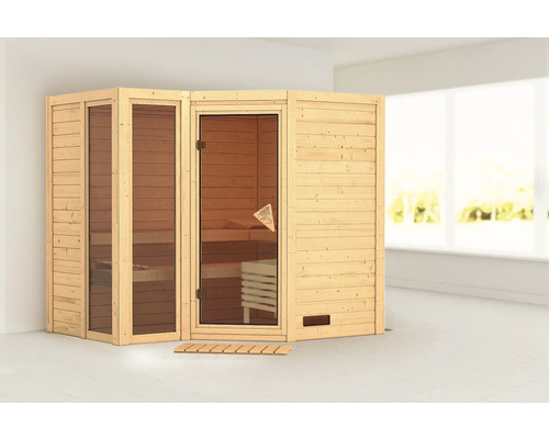 Sauna modulaire Karibu Tamara sans poêle avec couronne de toit et porte tout verre bronzé