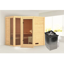 Sauna avec poêle de sauna et éléments en bois