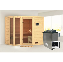 Sauna modulaire Karibu Tamara avec poêle 9 kWkW et commande ext. sans couronne de toit avec porte tout verre bronzé