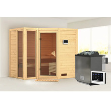 Sauna modulaire Karibu Tamara avec poêle bio 9 kWkW et commande ext. sans couronne de toit avec porte tout verre bronzé