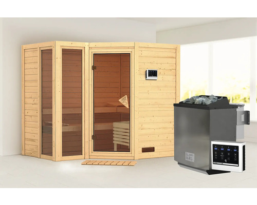 Sauna avec façade en verre, poêle de sauna et unité de commande pour l''intérieur