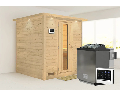 Sauna en bois massif Karibu Wojave avec poêle Bio 9 kW et commande extérieure, sans frise de toit