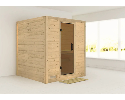Holzsauna mit Glastür und Holzrost