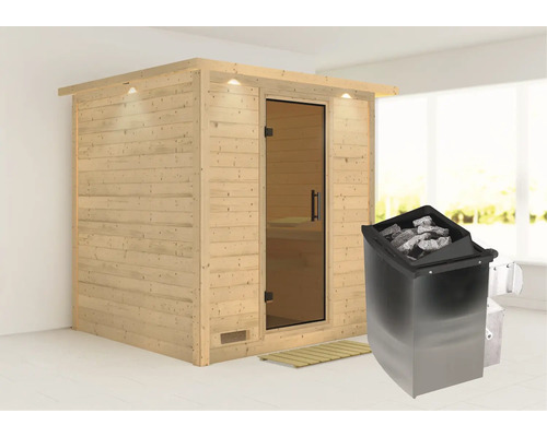 Sauna en bois massif Karibu Wojave avec poêle 9 kW et commande intégrée, frise de toit et porte entièrement vitrée coloris graphite