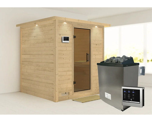 Sauna en bois massif Karibu Wojave avec poêle 9 kW et commande extérieure, avec frise de toit et porte entièrement vitrée coloris graphite