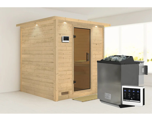 Sauna en bois massif Karibu Wojave avec poêle Bio 9 kW et commande extérieure, avec frise de toit et porte entièrement vitrée coloris graphite