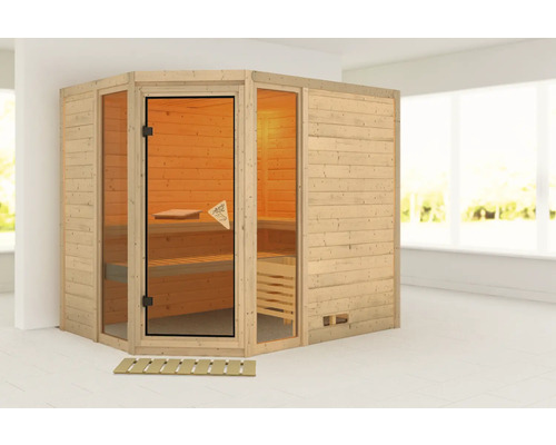 Sauna modulaire Karibu Tinai 3 sans poêle et couronne de toit avec porte tout en verre bronzé