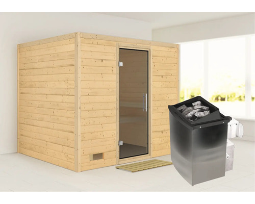 Sauna en bois massif Karibu Monara avec poêle 9 kW et commande intégrée, porte entièrement vitrée coloris graphite