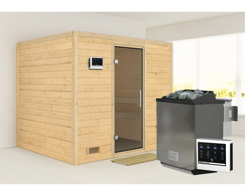 Sauna en bois massif Karibu Monara avec poêle bio 9 kW et commande externe, porte entièrement vitrée coloris graphite