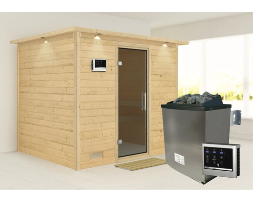 Sauna en bois massif Karibu Coral II avec poêle 9 kW et commande externe, avec couronne et porte entièrement vitrée coloris graphite