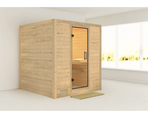 Sauna en bois massif Karibu Wojave sans poêle ni couronne, avec porte entièrement vitrée en verre transparent