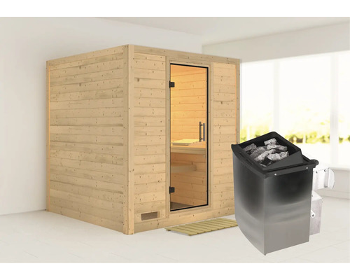 Sauna en bois massif Karibu Wojave avec poêle 9 kW et commande intégrée, sans couronne, avec porte entièrement vitrée en verre transparent