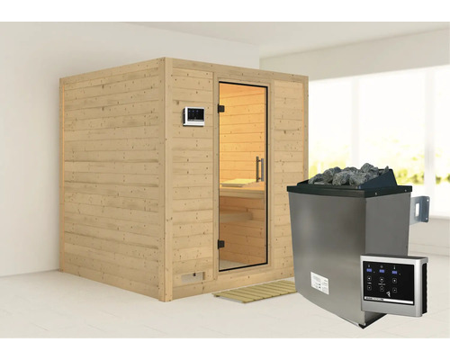 Holzsauna mit Saunaofen und Steuerung