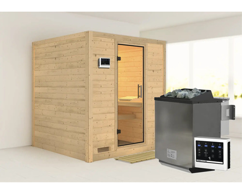 Sauna en bois massif Karibu Wojave avec poêle Bio 9 kW et commande externe, sans couronne, avec porte entièrement vitrée en verre transparent