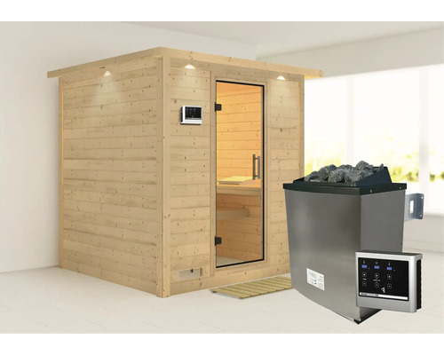 Sauna en bois massif Karibu Wojave avec poêle 9 kW et commande externe, avec couronne et porte entièrement vitrée en verre transparent