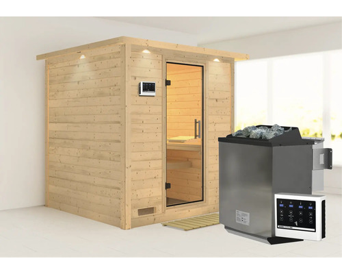 Sauna en bois massif Karibu Wojave avec poêle Bio 9 kW et commande externe, avec couronne et porte entièrement vitrée en verre transparent