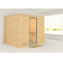 Sauna en bois avec porte en verre et tapis en bois