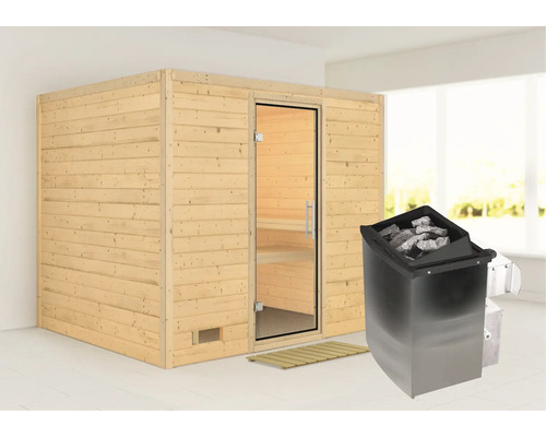 Sauna aus Holz mit Glastür und Saunaofen