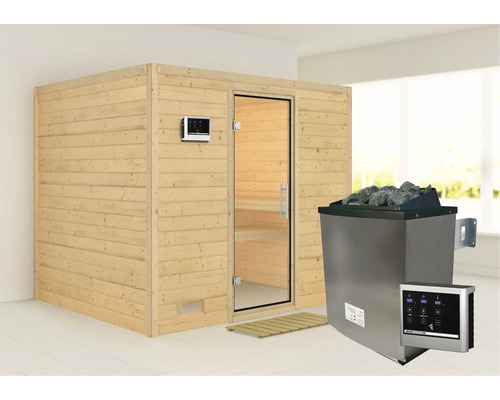 Sauna en bois massif Karibu Monara avec poêle de 9 kW et commande ext. sans couronne de toit avec porte tout en verre en verre transparent