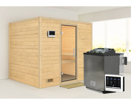 Sauna en bois massif Karibu Monara avec poêle bio de 9 kW et commande ext. sans couronne de toit avec porte tout en verre en verre transparent