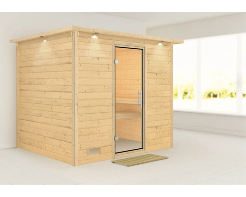 Sauna en bois massif Karibu Coral sans poêle avec couronne de toit et porte tout en verre en verre transparent