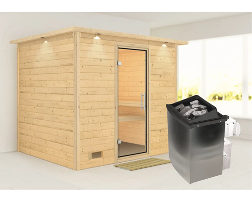 Sauna en bois massif Karibu Coral avec poêle de 9 kW et commande intégrée avec couronne de toit et porte tout en verre en verre transparent