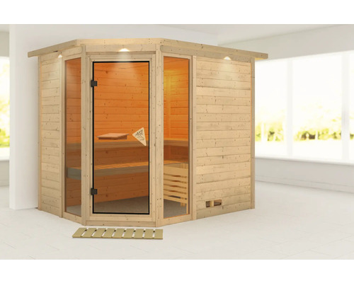 Sauna en bois massif Karibu Saphir sans poêle avec couronne et porte entièrement vitrée couleur bronze