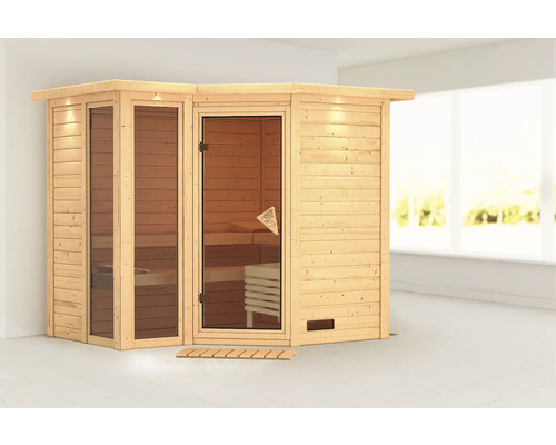 Sauna modulaire Karibu Limonit sans poêle avec couronne de toit et porte tout en verre bronzé