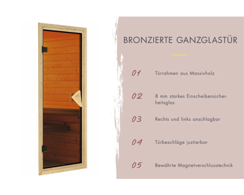 Bronzefarbene Ganzglastür mit massivem Holzrahmen und Sicherheitsglas