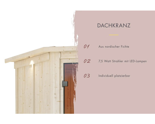 Gartenhaus aus nordischer Fichte mit 7,5 Watt LED-Lampen und individuell platzierbar