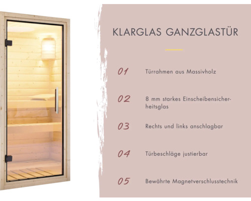 Klarglas Ganzglastür mit Türrahmen aus Massivholz und Magnetverschlusstechnik