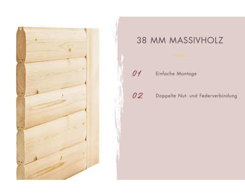 38 Millimeter Massivholz mit einfacher Montage und doppelter Nut- und Federverbindung.