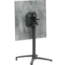 Rückansicht eines quadratischen Bistrotisches mit Klappmechanismus und grauem Vierfußgestell