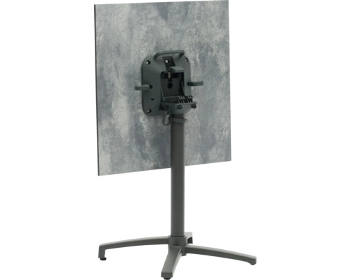 Rückansicht eines quadratischen Bistrotisches mit Klappmechanismus und grauem Vierfußgestell