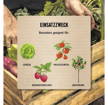 Informationstafel mit dem Einsatzzweck für Gemüse, Fruchtgemüse, Beerensträucher und Obstbäume