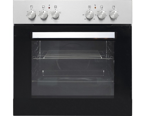 Vue de face d''un four avec des boutons rotatifs et une grille de four.