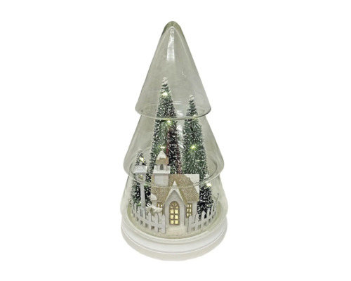 Dekorative Schneekugel mit Weihnachtsmotiv und LED-Beleuchtung in Tannenbaumform