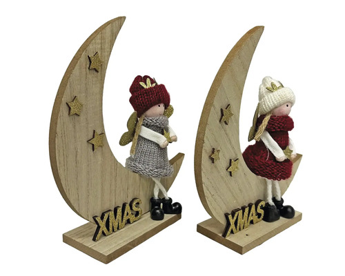 Dekorative Weihnachtsfiguren auf Holzmond mit Sternen und Schriftzug