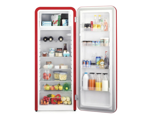 Réfrigérateur rouge ouvert rempli de provisions