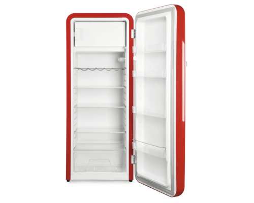 Réfrigérateur autonome ouvert avec étagères et compartiment congélateur