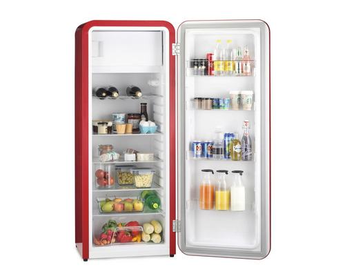 Réfrigérateur rouge ouvert rempli de nourriture