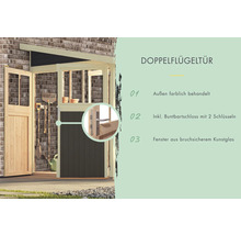 Doppelflügeltür mit farbbehandelter Aussenseite, Buntbartschloss mit zwei Schlüsseln und Fenstern aus bruchsicherem Kunstglas