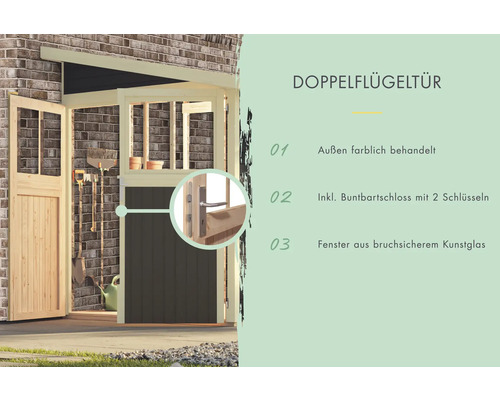 Doppelflügeltür mit farbbehandelter Aussenseite, Buntbartschloss mit zwei Schlüsseln und Fenstern aus bruchsicherem Kunstglas