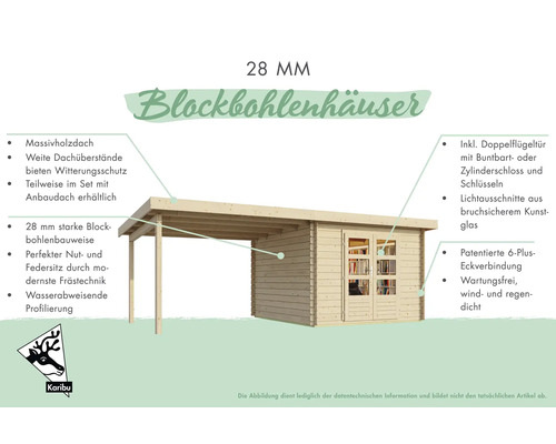 Blockbohlenhaus mit 28 Millimeter Blockbohlenstärke und Anbaudach