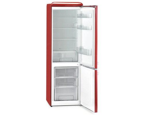 Offener, roter Kühlschrank mit Gefrierfach und transparenten Fächern
