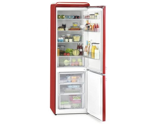 Geöffneter, roter Kühlschrank mit Lebensmitteln