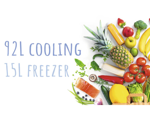 Graphique indiquant un volume de refroidissement de 92 litres et un volume de congélation de 15 litres, entouré d''aliments