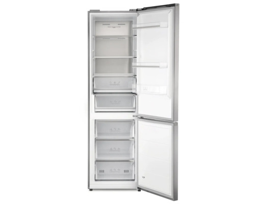 Geöffneter Kühlschrank mit Regalen und Schubladen