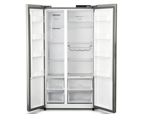 Geöffneter Side-by-Side Kühlschrank mit Regalen und Schubladen