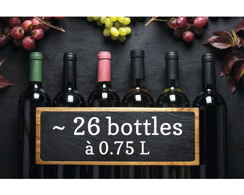 Six bouteilles de vin avec un panneau indiquant environ 26 bouteilles de 0,75 litre